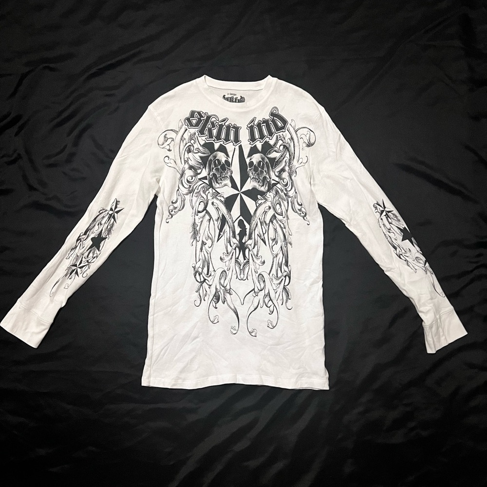 XL Vintage Men’s Skin Industries Long Sleeve Waffle Shirt White Black Skull